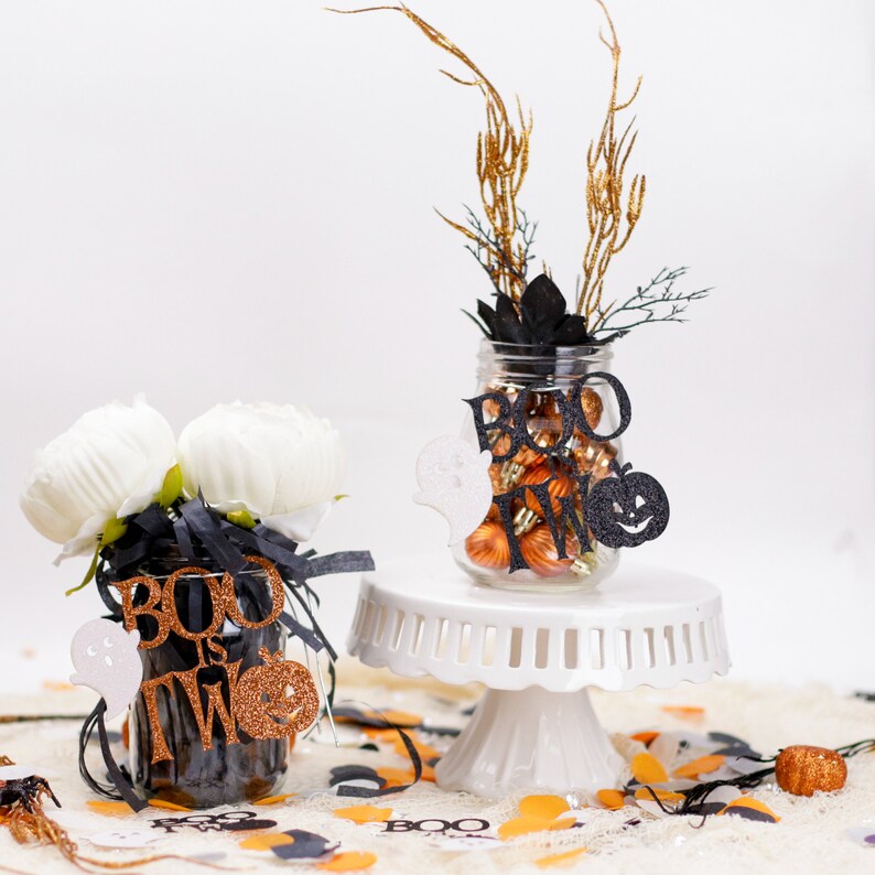 Halloween 2nd Birthday Centerpiece, Our little Boo Is Turning Two, Mason Jar Tags, 2nd Birthday Centerpiece, Little Boo, Set of 6 image 2