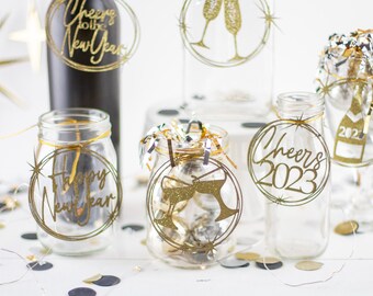 New Years Eve Decorations, Centerpiece, Mason Jar Tags, 2024, Happy New Year, Glitter Confetti, Bubbly Bar, Party Decorations, Set of 6