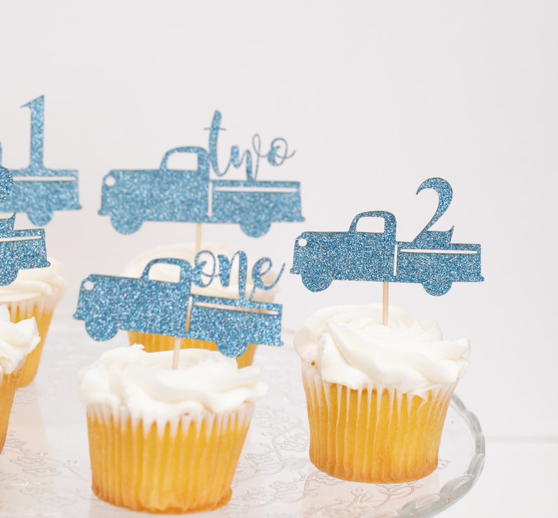 Cupcake Toppers, Custom Cupcake Toppers, Cupcake Toppers Personalized, Winter Onederland Decorations Boy, 2nd Birthday, Little Blue Truck image 8