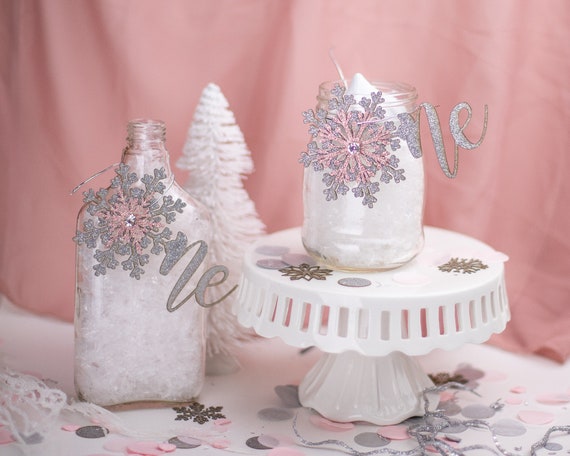 Winter Onederland, Mason Jar Tags, 1st Birthday Girl, Snowflake Centerpiece, Winter Wonderland, Set of 6 Il_570xn