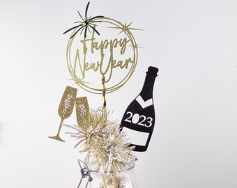 New Years Eve Decorations, Centerpiece, 2024, Happy New Year, Cheers, Glitter Confetti, Bubbly Bar, Party Decorations, Set of 6 pieces