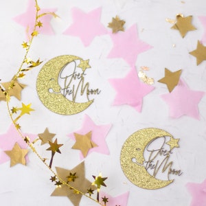Über dem Mond-Babypartydekoration, Mond und Sterne-Babyparty, Mond-Babyparty, Konfetti, rosa Mond