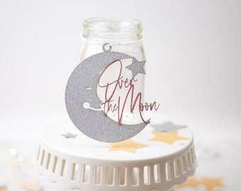Decorações para chá de bebê Over The Moon, chá de bebê Moon and Stars, peça central, etiquetas para potes de vidro, chá de bebê Lunar Moon, conjunto de 6