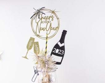 New Years Eve Decorations, Centerpiece, 2024, Happy New Year, Cheers, Glitter Confetti, Bubbly Bar, Party Decorations, Set of 6 pieces CTTNY