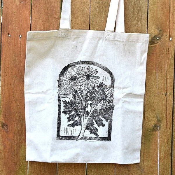 Hand Printed Floral Tote Bag - 16 x 15 Inch bag with 22 Inch Handles