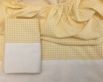 Vintage Sheet Set - Twin Flat and Fitted + Pillowcase Yellow and White Gingham
