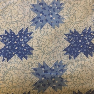 May include: Close-up of a fabric with a repeating pattern of blue starburst shapes. Each starburst is filled with a floral design in varying shades of blue. The background is a light blue and white floral pattern.