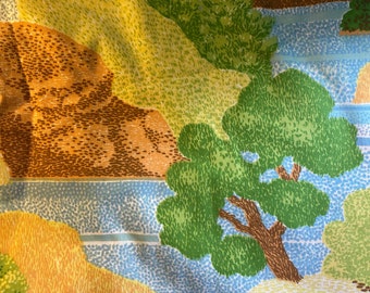 Sábana Vintage - Totalmente plana, 50/50 algodón/poliéster, naturaleza, verde, árboles, azul, marrón, paisaje, verano, niños, tela para acolchado