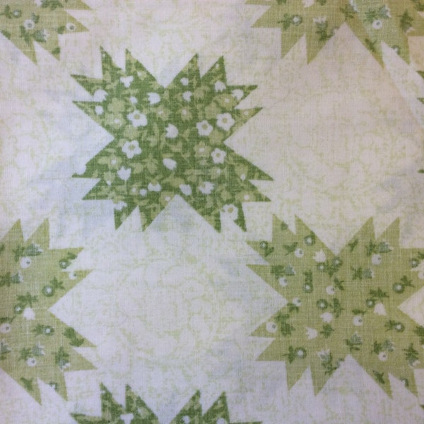Vintage Sheet - Twin Flat Muslin 50/50 Cotton/Polyester Off White with Green Quilted pattern "Shower of stars", free shipping, eclectic