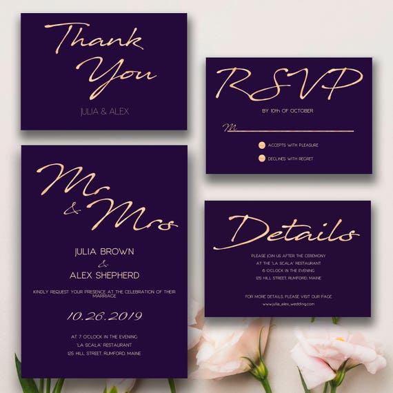 Purple and Gold Wedding template Elegant Wedding Invitation Etsy