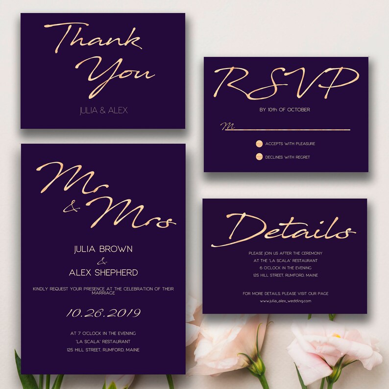 Purple and Gold Wedding template Elegant Wedding Invitation | Etsy