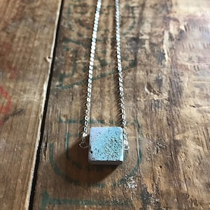 Concrete Square Tinted with Turquoise on Stainless Steel Chain, Natural, Boho, Minimalist Layering Necklace - One-of-a-Kind Collection