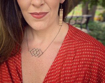 Geometric Square Birch Necklace, Modern Design, Laser Cut - Classic Wood Collection