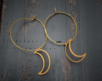 Handcrafted Brass Moon Hoop Earrings | Celestial Dangle Jewelry | Dainty Golden Crescent Hoops | Minimalist Metal Charm Accessory