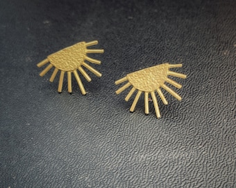 Sunburst Brass Boho Stud Earrings, Minimalist - Metal Collection - Sun Ray