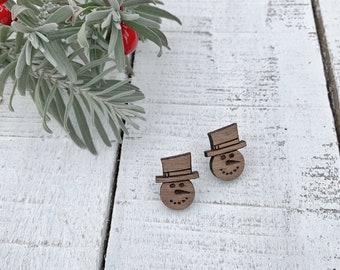 Snowman Walnut Wood Stud Earrings, Holiday/Christmas Earrings