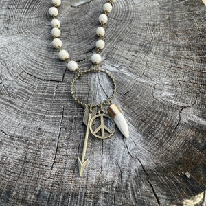 Long Bronze Boho Beaded Charm Necklace - Bronze Ring - White Stone Beads - Peace, Arrow, Tooth Charms