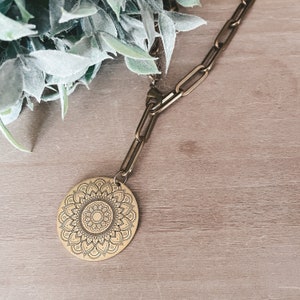 Chunky Brass Medallion paper clip link necklace, Adjustable, Lariat Mandala Coin Necklace