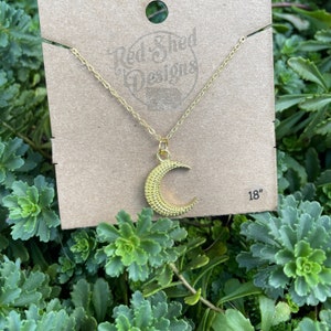Brass Crescent Moon Pendant Necklace, Textured Moon Charm, Celestial Necklace