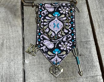Handmade Boho Hippie Ribbon Style Brooch with Charms- Vintage Style - Inspired Bohemian Statement Jewelry