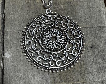 Silver Large Medallion Boho Necklace, Adjustable  Layering Necklace