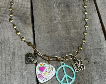 Boho Peace & Love Charm Necklace - Bronze and Turquoise Color