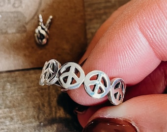 Sterling Silver Peace Sign Ring – Boho Hippie Band, Vintage Style