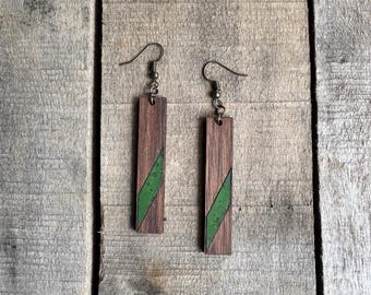 Walnut Bar Earrings with Grass Green Cork Inlay- Lightweight wooden earrings