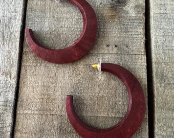 Maroon Wood Hoop Earrings, Natural, Boho, Minimalist Wood Circle Earrings