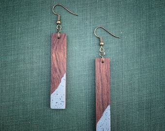 Handcrafted Rosewood Bar Earrings | Unique Wood Concrete Dangles | Natural Geometric Jewelry | Modern Minimalist Everyday Accessory