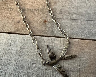 Boho Short Bronze Necklace with Swallow Bird Charm - Short Layering Necklace/Adjustable