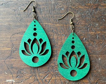 Handcrafted Light Blue Wood Scroll Design Earrings, Stunning Ornate Blue Stain Design, Natural Unfinished