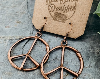 Handcrafted Antique Copper Peace Earrings | Bohemian Gypsy Hippie Style | Woodstock Aesthetic Pendant | Dainty Symbolic Accessory