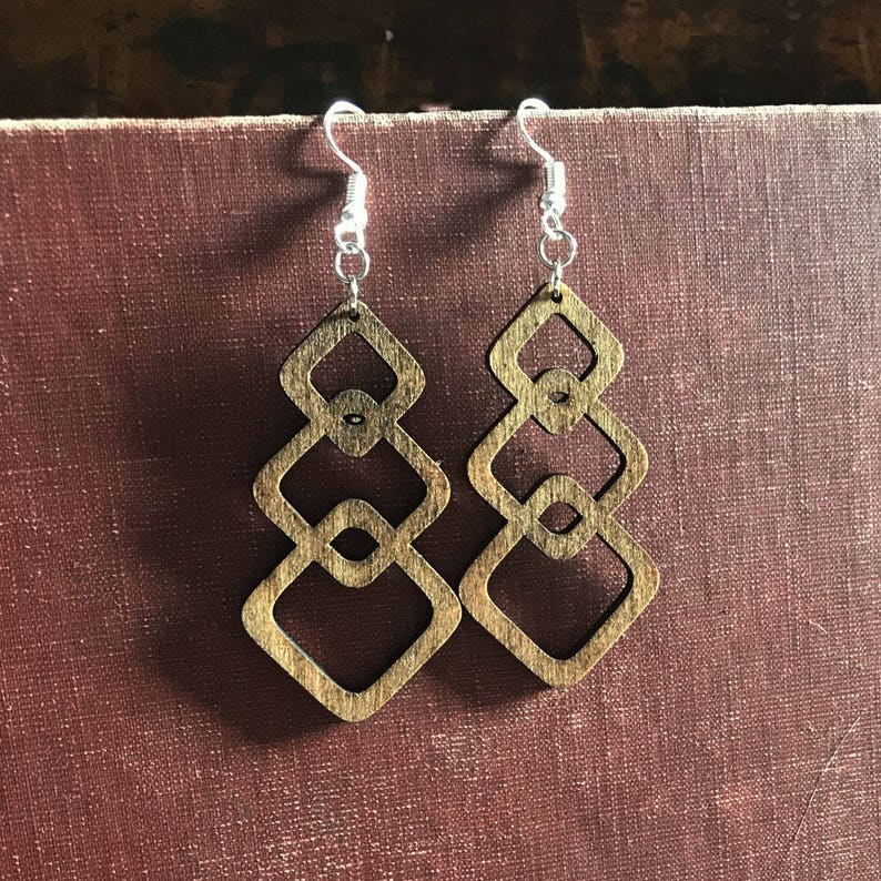 Stylish Boho Linking Squares Birch Wood Earrings