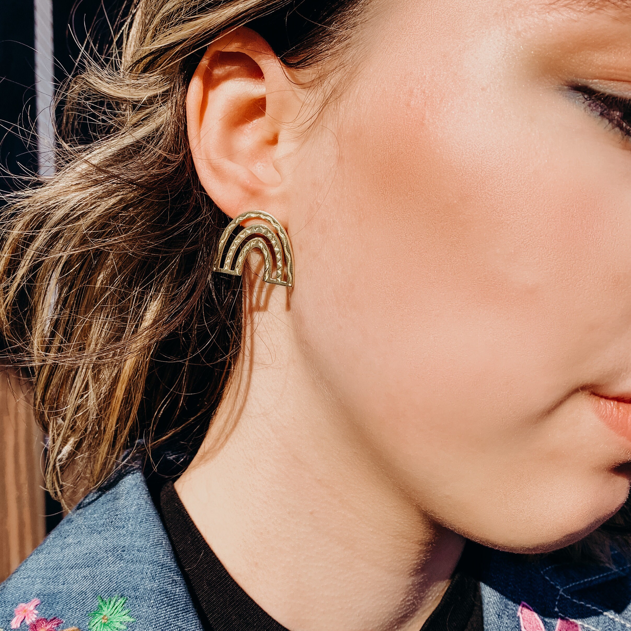 Boho Rainbow Brass Stud Earrings Minimalist Metal Etsy