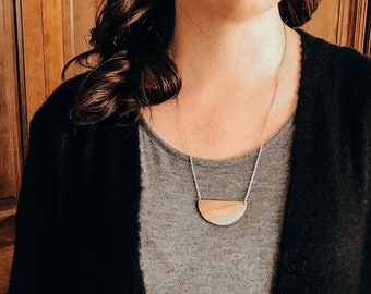 Large Half Moon Maple Wood Concrete Necklace | Natural Geometric Pendant | Modern Boho Layering Jewelry | Unique Mixed Media Accessory