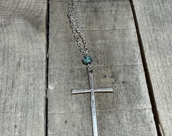 Silver Long Cross with Bead Necklace, Religious Layering Necklace