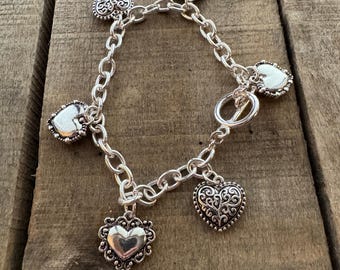 Silver Heart Valentines Day Charm Bracelet - Vintage Style Multi-Heart Bracelet - Romantic Romantic Jewelry Gift for Her