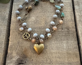 Boho Beaded Love Bracelet  - Vintage Style Multi-Strand Bracelet with Heart Locket Charm