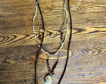 Multi- Strand Tan Wood Beaded/Suede Necklace, Tiny Wood Triangles