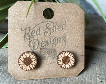 Sunflower Wood Stud Earrings | Dainty Birch Floral Jewelry for Nature Lovers, Gift for Her