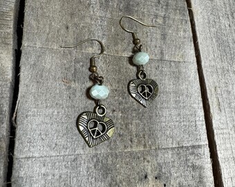 Bronze Heart Peace Sign Bohemian Dangle Earrings with Light Green/Blue Bead - Gypsy Hippie Woodstock Style