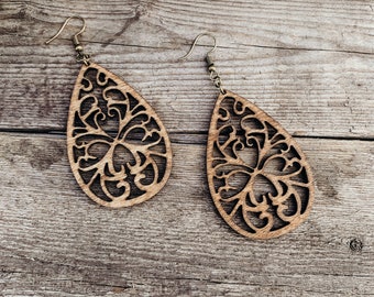 Lightweight Wood Teardrop Boho Earrings | Handcrafted Dark Stained Birch | Antique Bronze Hooks