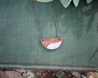 Handcrafted Rosewood & Concrete Half Moon Necklace | Dainty Geometric Jewelry | Natural Mixed Media Pendant | Unique Boho Layering Piece