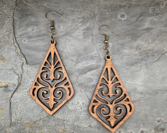 Long Diamond Birchwood Earrings, Natural laser cut wood earrings, Boho Style