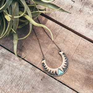 Antiqued bronze and Turquoise ethnic etched Arch Pendant 18&quot;