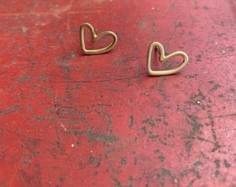Open Heart Stud Earrings in Raw Brass – Dainty Romantic Jewelry, Minimalist Post Earrings, Heartfelt Handmade Gift for Her