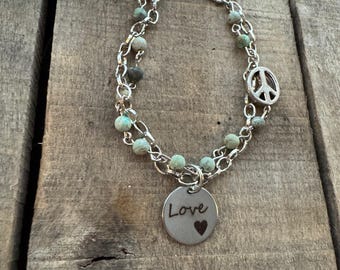 Boho Beaded Green & Silver Love Charm Bracelet - Vintage Style Charm Bracelet