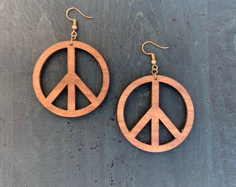 Handmade Wood Peace Sign Hoops | Bohemian Hippie Style Jewelry | Natural Laser Cut Wooden Earrings | Unique Symbolic Accessory