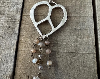 Hippie Silver Heart Peace Sign Necklace, Beaded Silver Paperclip Necklace